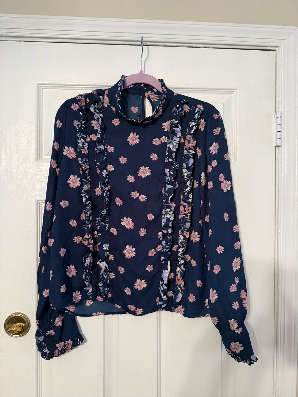 Papaya Navy Floral Ruffle Mock Neck Blouse